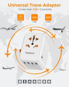 TESSAN 65W International Travel Adaptor 国际万能插头 With USB Type-C Travel Adapter 转换插头 Fast Charging Adaptor For Samsung/IPhone/MacBook/EarPods