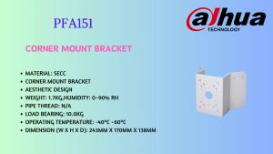 Dahua CCTV Camera Aluminium Pole Corner Mount Bracket PFA151 - PTZ Model - SECC Material - Dimensions: 243mm(W) x 170mm(H) x 138mm(D) - Warranty: 12 Months