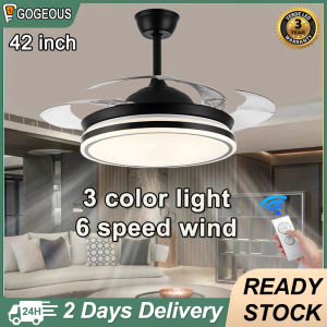 Gogeous ceiling fan with light modern tri color 6 speed wind 42 inch ceiling fan with led light and remote control 1/2/4 hours timing dc motor black white nordic ceiling fan light for living room dining room bedroom