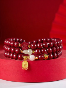 FUJINJIA | Natural Cinnabar and Jade Hand Chain Multi Loop with Calabash and Amber