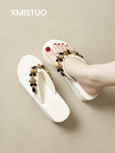 XMISTUO | Leopard Print Crystal Platform Flip Flops