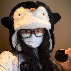 Cute Penguin Heattech Plush Bonnet Children Autumn and Winter Thickened Cold Protection Earflaps Lei Feng Hat Cycling Ski Cap Students