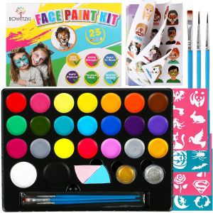 Bowitzki Face Painting Kit สําหรับเด็ก 23 สีน้ํา Face Paint Kit ปลอดสารพิษ Professional พร้อมแปรงลายฉลุ