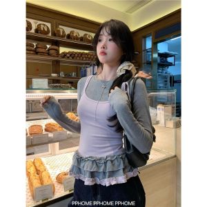 Ballet Style Layered T-Shirt Cake Ruffle Edge Splice Base Layer Top Korean Fashion Spring Summer Long Sleeve Breathable Cotton