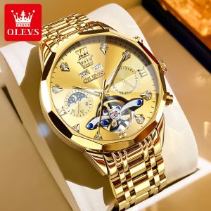 OLEVS นาฬิกาข้อมือสำหรับผู้ชายแฟชั่นกันน้ำนาฬิกาสายเหล็กสแตนเลสสตีลดั้งเดิมนาฬิกาธุรกิจคลาสสิกกลวงมัลติฟังก์ชั่