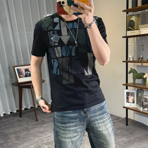 Áo Thun Nam Tay Ngắn Mùa Hè Mới in Chữ Cotton Lanh Ice Silk Slim Fit round Neck Short Sleeve T-Shirt Cool Feeling