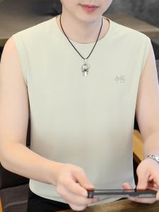 HENGYUANXIANG | Hengyuanxiang Mens Round Neck Ice Silk Vest Summer Base Shirt No Sleeve T-Shirt Youth Fashion Standard Fit Embroidered Modern Style