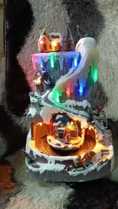 SCHKEY l F24049 LED Christmas Mountain Village Scene With A Turning Train And Music Decorative