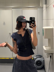 Áo Thun Tay Ngắn Cổ Tròn Ôm Vừa Vặn Mùa Hè Cho Nữ Phong Cách Retro Mỹ Áo Thun Cotton Dài Tay Thường Ngày