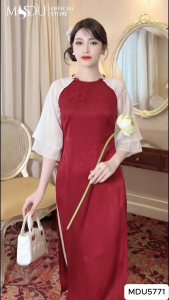 Áo Dài MDU5771 Chất Liệu Gấm Đỏ Sang Trọng Tay Áo Lửng Dáng Cánh Bằng Tơ Óng Từ MDU