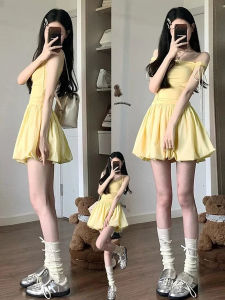 Váy Ngắn Xếp Ly Cạp Cao Màu Vàng Cho Nữ Mùa Hè Mỏng Đa Năng Dáng Chữ a Rộng Rãi Váy Ngắn Xếp Ly Phong Cách Mới