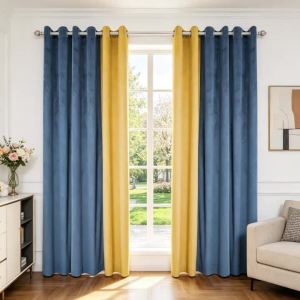 ：Blue & Mustard Yellow Color Block Velvet Curtains 2‑Pack Grommet Top Blackout Drapes for Bedroom Living Room Luxury Home Decor