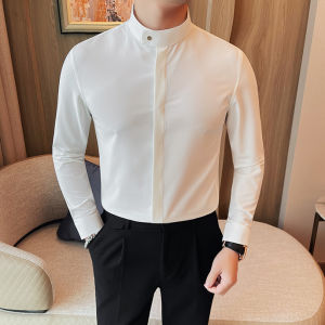 New Chinese Style Long Sleeve Ice Silk Slim Fit Shirt for Men Business Casual Stand Collar Korean Version Handsome Top