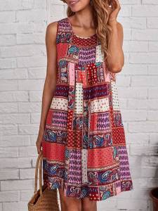 Nữ Chắp Vá Họa Tiết Paisley Không Tay Cổ Tròn Chữ A Mini Dress Casual Boho Đi Biển Tôn Dáng Thoải Mái Trang Phục Xuân Hè