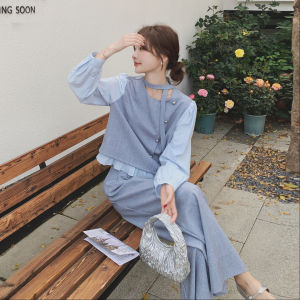 Loose Fit Color Block Wide Leg Pants Set Womens Casual Style Two Piece Suit Autumn New Arrival High Waist Long Sleeve round Neck