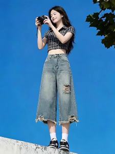 La Chapelle | American Ripped Wide Leg Thin High Waist Straight Capri Jeans