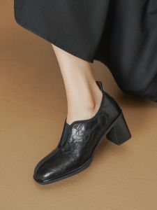 Womens Slip-On Hand-Grabbed Leather High Heels Elastic Mouth Retro French Style Shoes round Toe Thick Heel Deep Mouth Single Shoes