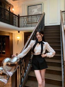 YYW HeBen Morning Black White Shirt Slimming High Waist Shorts Set Elegant Fashionable Womens Spring Collection 2025