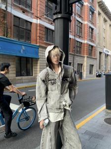 American Style Vintage Decomposed Zipper Hooded Denim Jacket And Pants Set Loose Fit Youthful Trend for Men Autumn Winter
