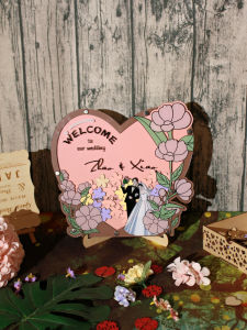 Hand-Painted Wedding Dress Photos Full-Body Cartoon Signature Board Book Wedding Registration Desk Creative Wooden Material