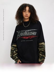 เสื้อยืดแขนยาวลายพรางสองชิ้นสำหรับผู้ชาย OVDY ทรงหลวมสไตล์ย้อนยุค สวมใส่สบาย ผลิตจากผ้าฝ้ายแท้ 100%