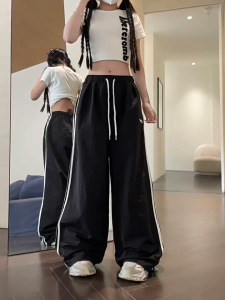 กางเกงลำลองลายทาง กางเกงขาตรง สไตล์เรโทรอเมริกัน ทรงหลวม อเนกประสงค์ ผ้าแห้งเร็ว