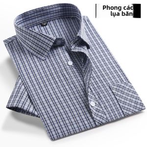 Áo Sơ Mi Nam Mùa Hè Ice Silk Dáng Rộng Phong Cách Thường Ngày Mỏng Màu Xanh Trắng Kẻ Caro Tay Ngắn Thời Trang Cho Bố