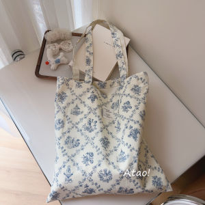 Korean Style Floral Cotton Canvas Single Shoulder Tote Bag Casual Simple Womens Commuter Bag Soft Handle Vertical Square Shape