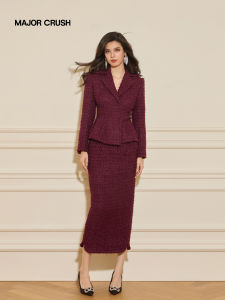 French Style Wine Red Collar Body-con Suit
