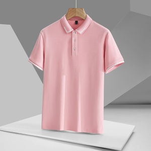 Pink Polo Shirt Short Sleeve Casual Turn-down Collar Wedding Business Leisure Summer Trend Mens Clothing Pure Color Top