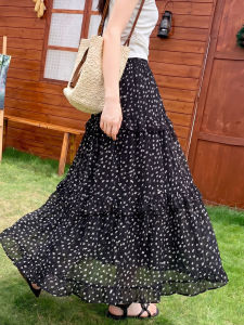 XIANYIJIAO | Black Floral Skirt Half Skirt A-line Pleated