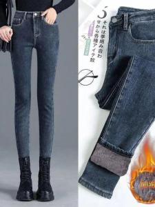 Fleece Lined High Waist Elastic Thickened Winter Denim Pants Korean Style Slimming Pencil Leggings Warm Trendy Trousers