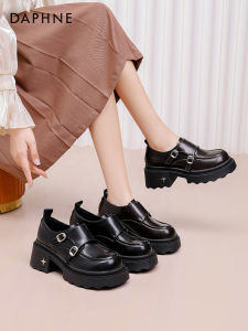 Daphne Womens Flats Thick Bottom British Style Shoes Heightening Bean Bean Shoes Casual round Toe mid Heel Plastic Outsole