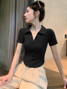 Pure ผ้าฝ้าย เสื้อยืดแขนสั้นผู้หญิง ฤดูร้อน เสื้อโปโลเอวซับใหม่ สีดำ สไตล์สั้นครึ่งแขน ลำลอง เวอร์ชั่นเกาหลีเดินทาง