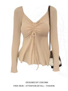 Plus Size Plus Size Ladies French Gentle Drawstring V-neck Bottoming Shirt Womens Autumn New Arrival Waist-Tight Slim Looking Silm Chic Tops