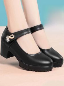 SHIPAILUO | Casual Style Thick Heel Single Shoes With Buckle Genuine Leather Dancing Show Waterproof Platform Mid Heel Round Toe Shoes