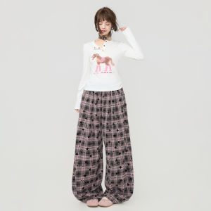 KEIKO | Quần American Vintage Màu Hồng Họa Tiết Ô Vuông Y2K Đính Sao Flocking