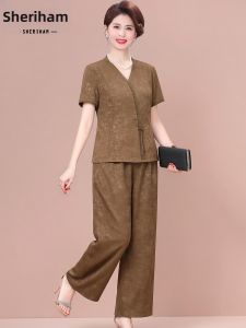 Elegant National Style Suit Two-piece Set Short Sleeve Print Top and Wide-leg Pants