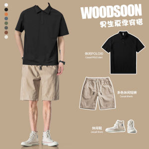 Woodsoon Mens Summer Cotton Breathable Casual Shorts And Short Sleeve Polo Shirt Set Five-Quarter Length Fashionable Outfit