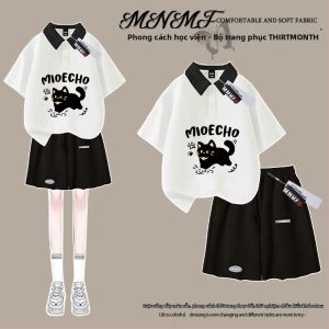 Bộ Đồ POLO In Hình Mèo Hoạt Hình Bằng Cotton Cho Bé Gái