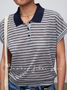 YINGMEI | Polo Neck Short Sleeve Nautical Stripe Knit Top