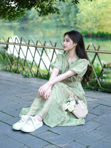 Elegant Chinese Style Midi Dress Women Summer New Fashion Waist Cinched Bubble Sleeve Slimming Floral Print V-Neck Short Sleeve