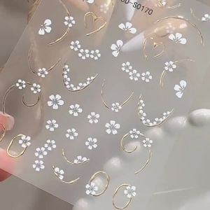 1 Bộ 5 Miếng Dán Móng Tay Hoa Trắng Pháp Nổi 5D Với Họa Tiết Trái Tim Viền Vàng Tự Dính Trang Trí Móng Tay Hoa Cho Mùa Xuân