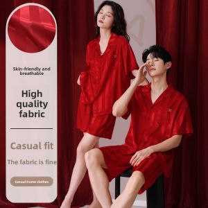 Miiow | Couple Summer Ice Silk Sleepwear Thin Cool Feeling New Bride Red Womens Home Clothes Set Men Can Wear Outdoor Short Sleeve