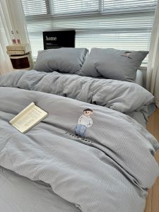 Korean Style  Embroidered Bear Mr. Washed Cotton Light Blue Bedding Set Student Three-Piece Quilt Cover Sheet Set