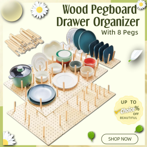 Wood Pegboard Drawer Organizer Storage Sturdy Organization Dish and Plate Organizer Peg Board System Adjustable for Utensils