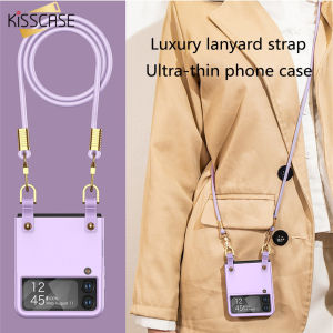 【With Lens Film】KISSCASE Luxury Crossbody Lanyard Strap Case For Samsung Z Flip5 5G Flip4 Flip3 Camera Protection Makaron Solid Color Fashion Diagonal Shoulder Strap Anti-Loss Neck Frosted Hard PC Shell Shockproof Phone Back Cover For Galaxy ZFlip5