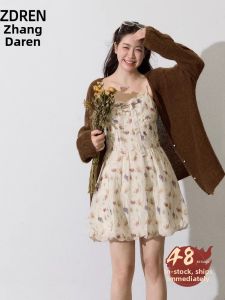 ZHANGDAREN | Đầm Hoa Phong Cách Nghỉ Dưỡng Áo Len Merlot Cardigan Dáng Ôm Kích Thước Lớn