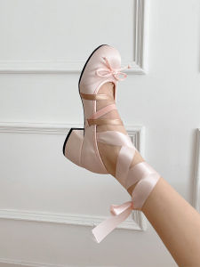 French Mary Jane Shoes Womens New 2025 Spring Butterfly Knot Crossed Tied Ballet Silver Single Shoes round Toe mid Heel Rubber Sole