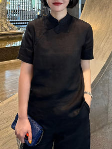 เสื้อเชิ้ตคอตั้งสีดำสไตล์จีนใหม่สำหรับผู้หญิงในช่วงฤดูร้อน เสื้อเชิ้ตทรงหลวมไซส์ใหญ่แบบลำลอง กระดุมแถวเดียวหลายเม็ด